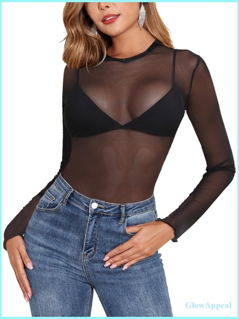 Sparkly Mesh Top Long Sleeve Sheer Shiny Top Solid Or Floral Tees S-XXL